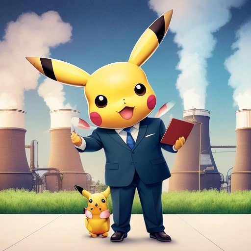 Pikachu in a suit holding a briefcase
