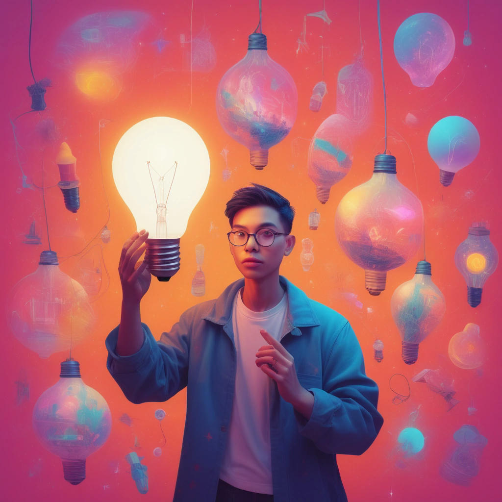 a person holding a lightbulb, surrounded by creative ideas and inspiration, with a bright and colorful background, concept art by Loish and James Jean