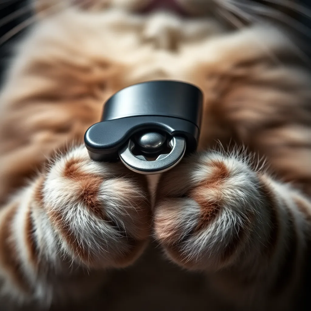 Close up of a cat's paws holding a modern electric can opener, metallic reflections, dramatic shadows, professional photography style
