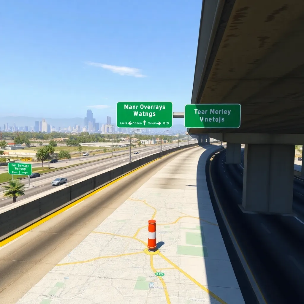 Gameplay screenshot-style illustration: dropped under a freeway overpass in “Los Santos”