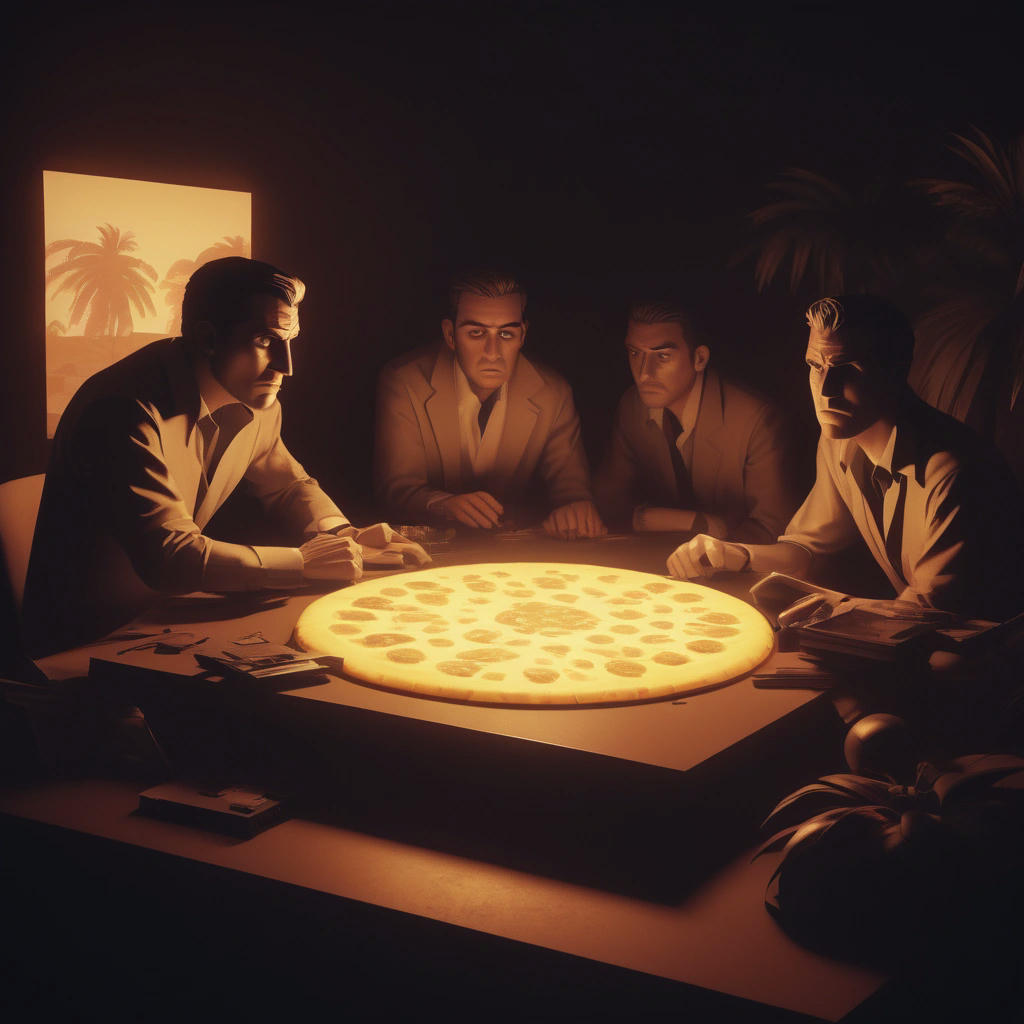 a team of developers and editors sitting around a table, looking shocked and concerned, with a pineapple pizza box in the center, warm and cozy lighting, film noir-inspired, high contrast, detailed, intricate, concept art by Syd Mead