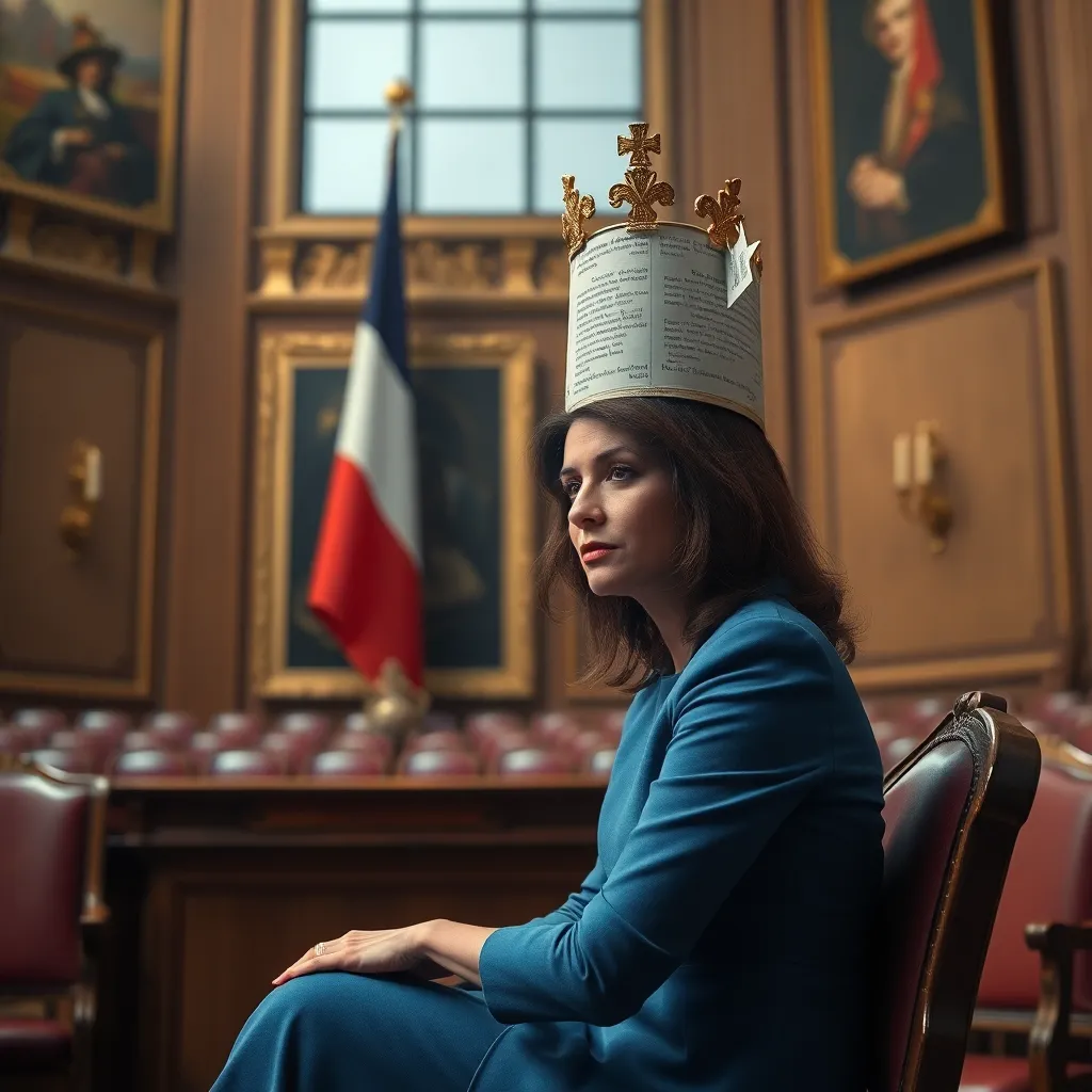 A surreal courtroom scene where the First Lady of France is wearing a crown and Candace Owens is sitting in a corner wearing a dunce cap made of podcast scripts, 8k resolution, satirical art style