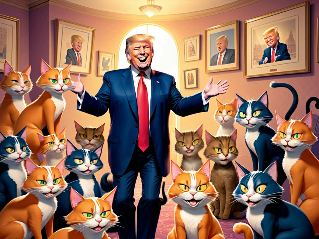 Cartoonish Trump surrounded by cats