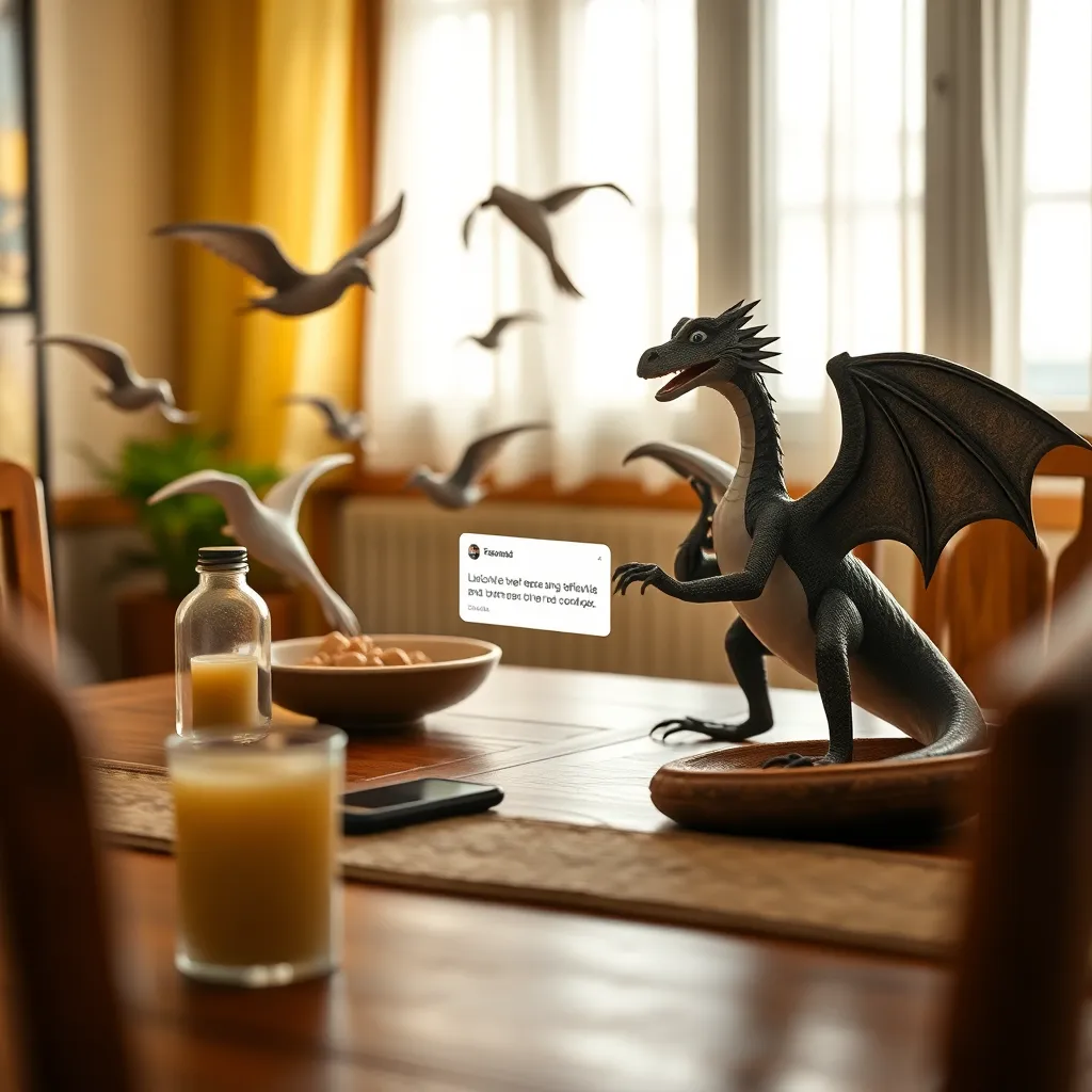 celular com notificação pop-up mística flutuando sobre uma mesa de madeira, cercada por velas e um dragão de pelúcia segurando um controle remoto