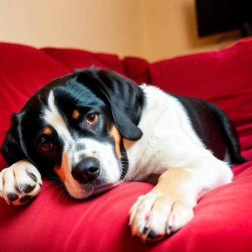 Lazy dog lying on a couch surrounded by snacks