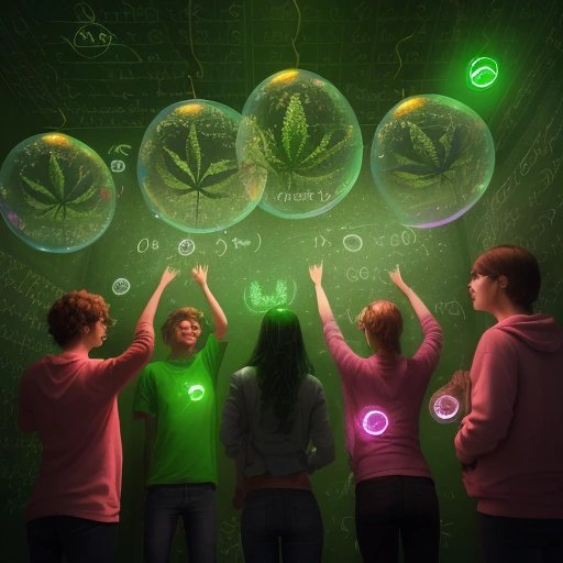 People with think bubbles showing cannabis leaves and equations