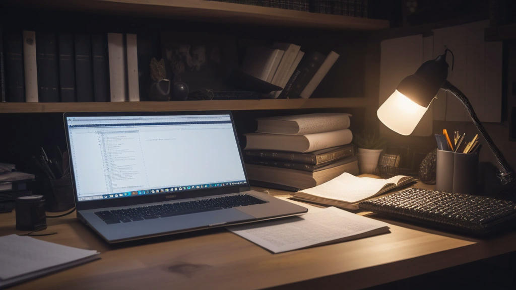 A developer working on a Python project with a laptop, surrounded by books and notes, cozy and productive workspace, high quality, detailed, warm lighting