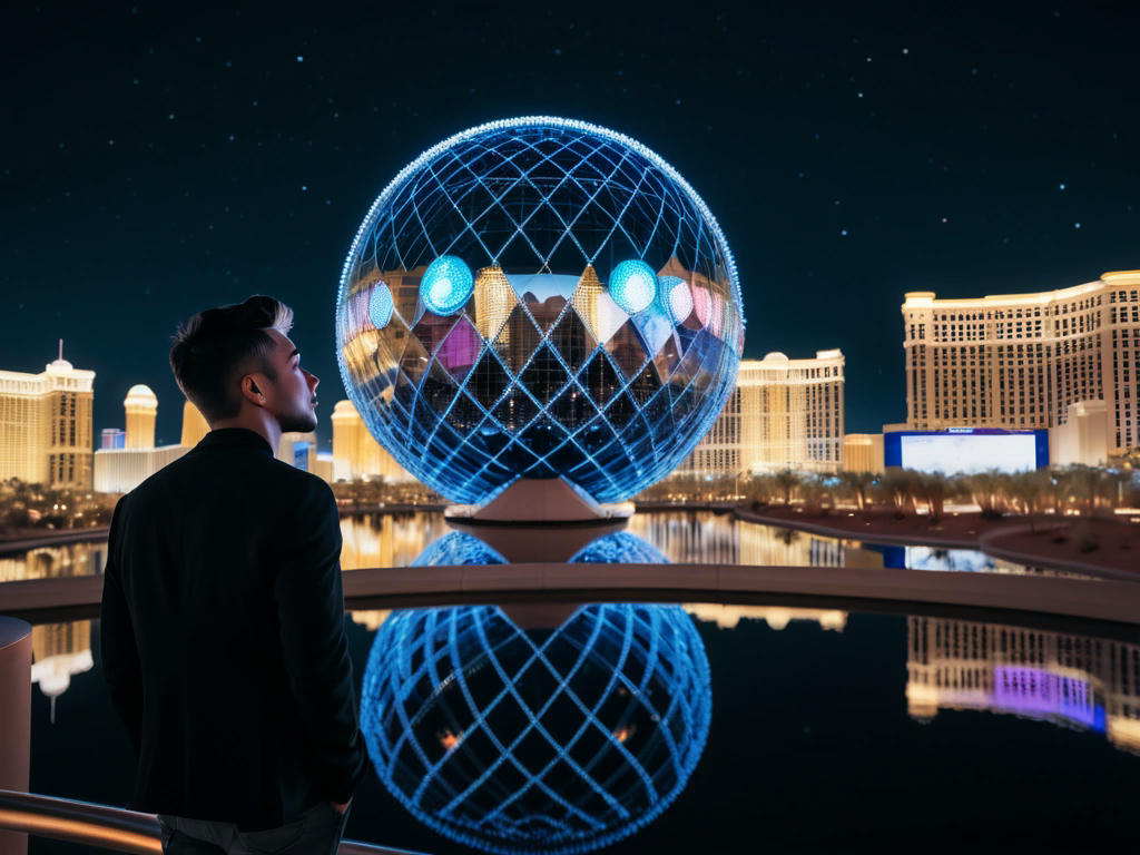 A person looking up at the Las Vegas Sphere at night, deep in thought, with the city lights in the background