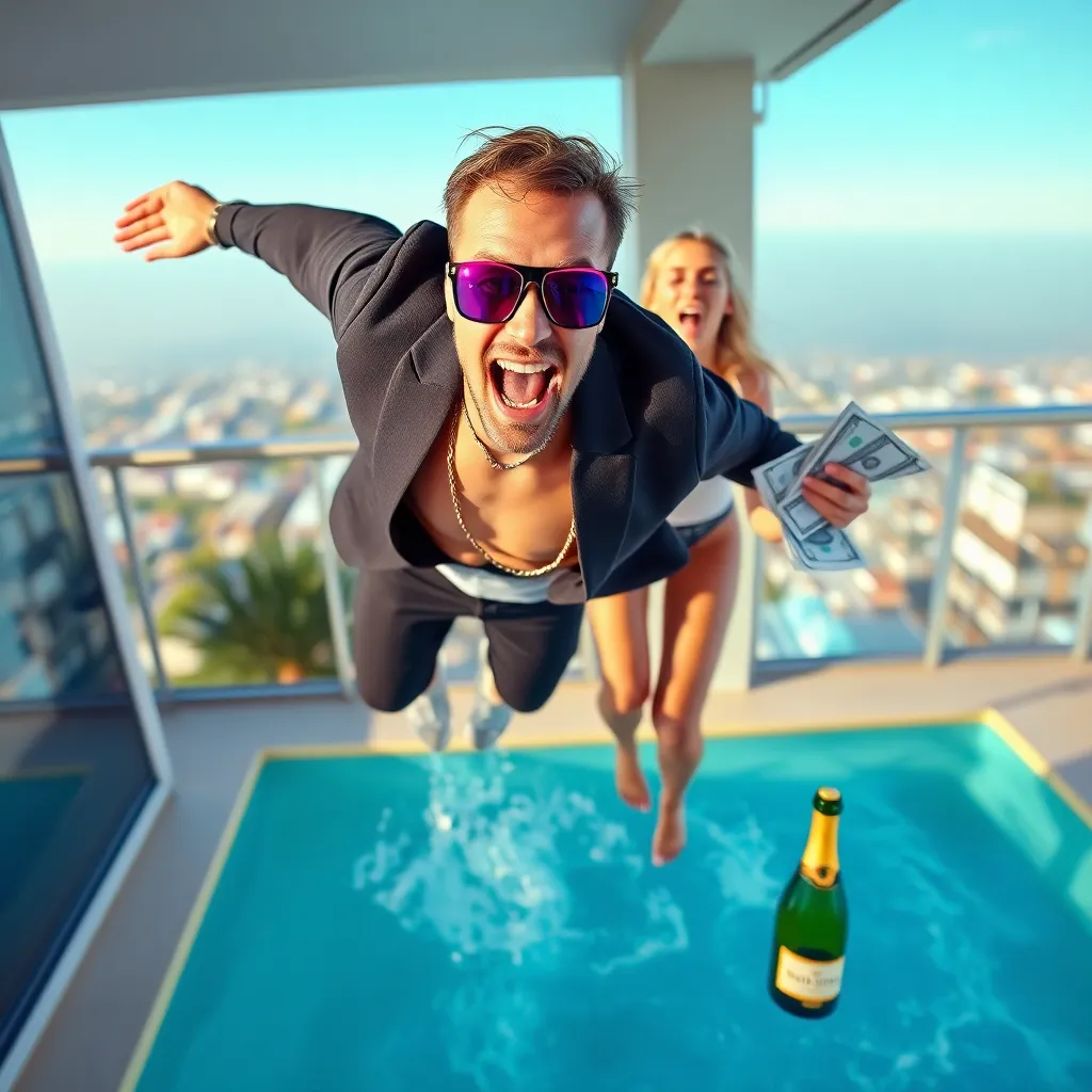 A man with neon sunglasses jumping off a balcony into a swimming pool filled with champagne, while his terrified girlfriend holds his phone and a stack of medical bills.