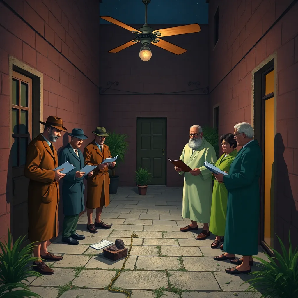 serious investigators in a tiny courtyard examining absurd evidence after a mysterious nocturnal event, clipboards, measuring tape, neighbors in robes, one old ceiling fan crooked, humorous realism, warm night colors