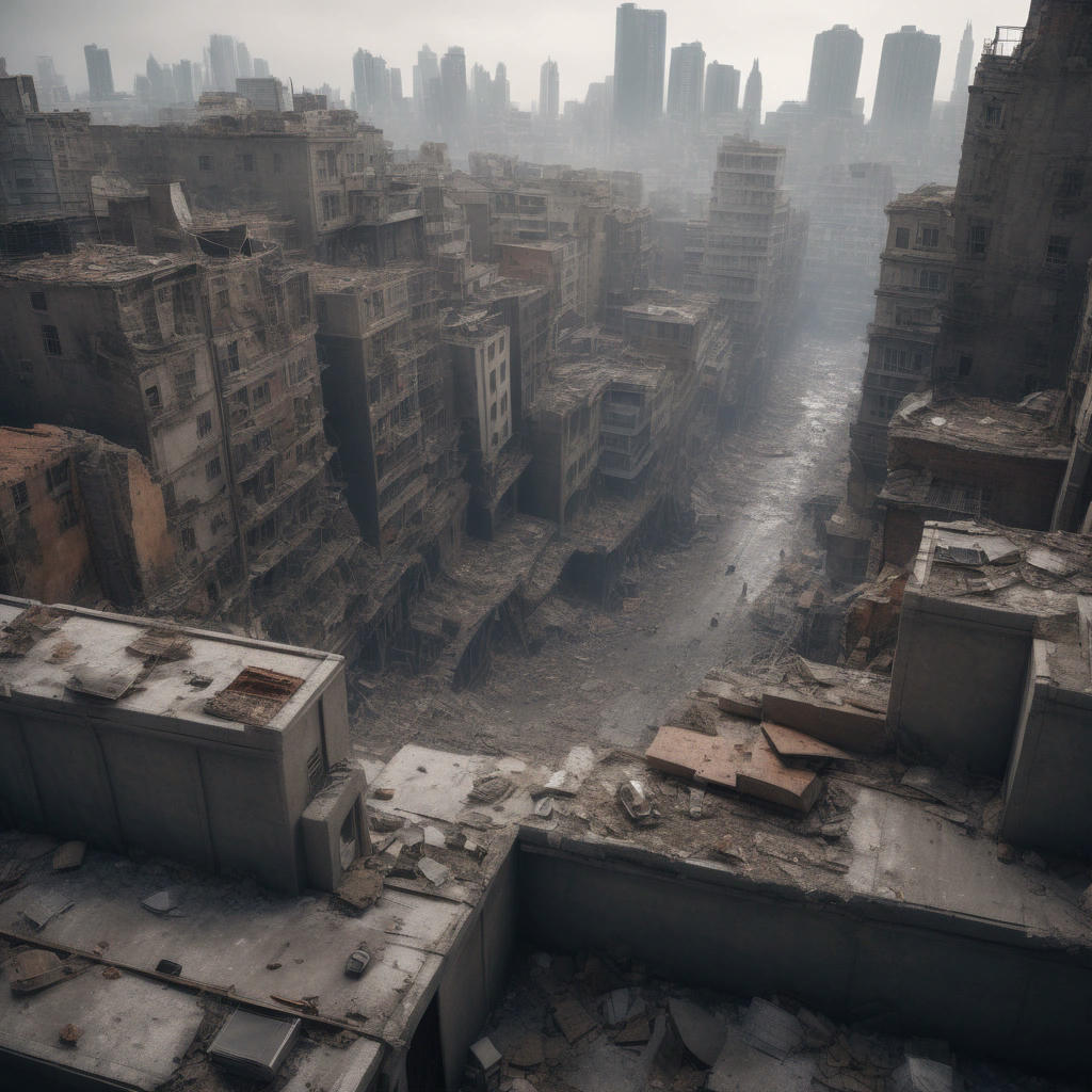 a cityscape with buildings crumbling and falling off the edge of the Earth, with cats watching from the sidelines, apocalyptic, catastrophic, hyper-realistic, 8k, trending on artstation