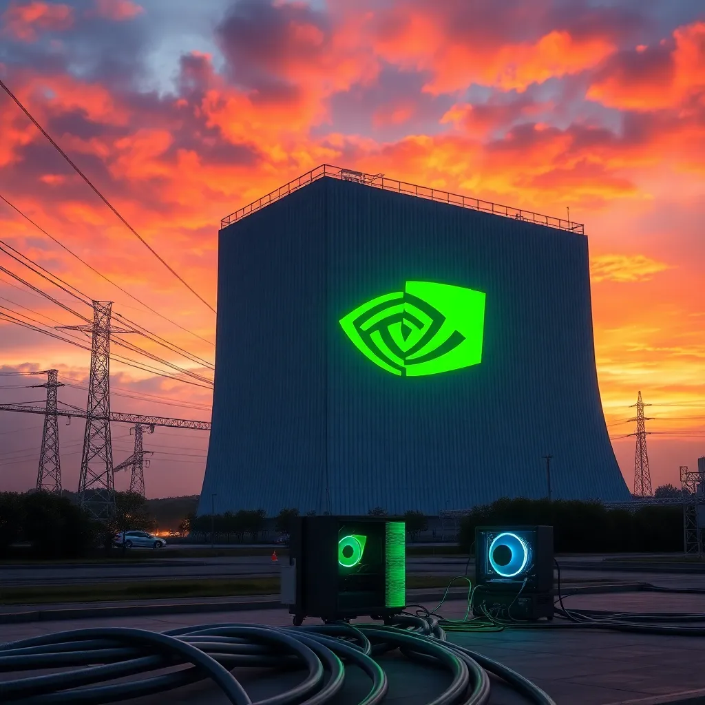 A giant cooling tower of a nuclear power plant with a massive green glowing NVIDIA logo on the side, thick power cables leading to a tiny computer setup, dramatic sunset