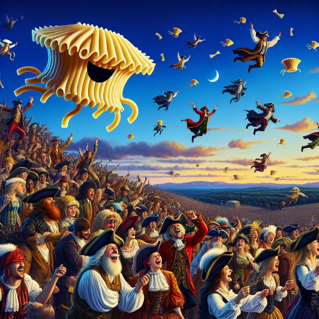 A humorous depiction of the Flying Spaghetti Monster, with followers dressed in pirate costumes, high detail, photorealistic