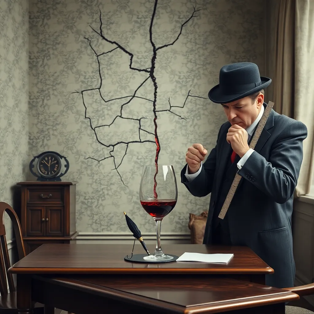 An overflowing wine glass sitting on a wooden desk inside a slightly crooked Victorian living room, cracks spiderwebbing up the floral wallpaper behind it in shapes resembling spilled wine, a tiny umbrella propped beside the glass, a panicked accountant in a bowler hat measuring the cracks with a ruler