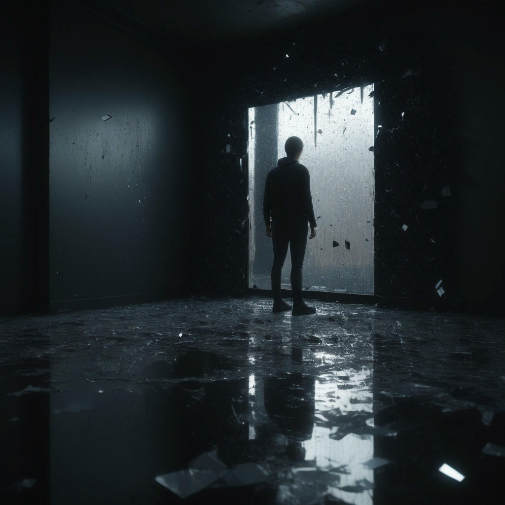 a person standing in front of a shattered mirror, surrounded by broken glass, eerie and ominous atmosphere, dark and twisted reflections emerging from the mirror, high quality, extremely detailed, cinematic lighting, 4k, hyper realistic, beautiful, intricate details, photo-realism, octane render