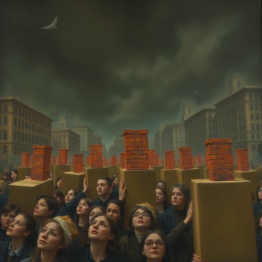 A crowd of people in a city square all wearing cardboard boxes painted to look like brick chimneys, looking up at a dark sky with a sense of absurd dread, oil painting style