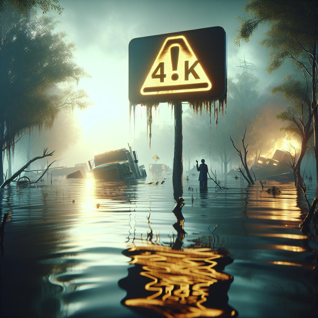 close-up of a person holding a warning sign, flooded background, reflection of water on the sign, dramatic lighting, high contrast, cinematic, 4k, hyper realistic, detailed, concept art trending on artstation by Ian McQue and Loish