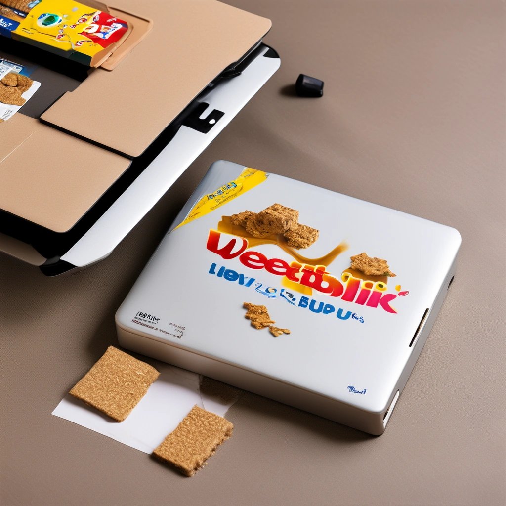 Laptop with Weetabix box on top