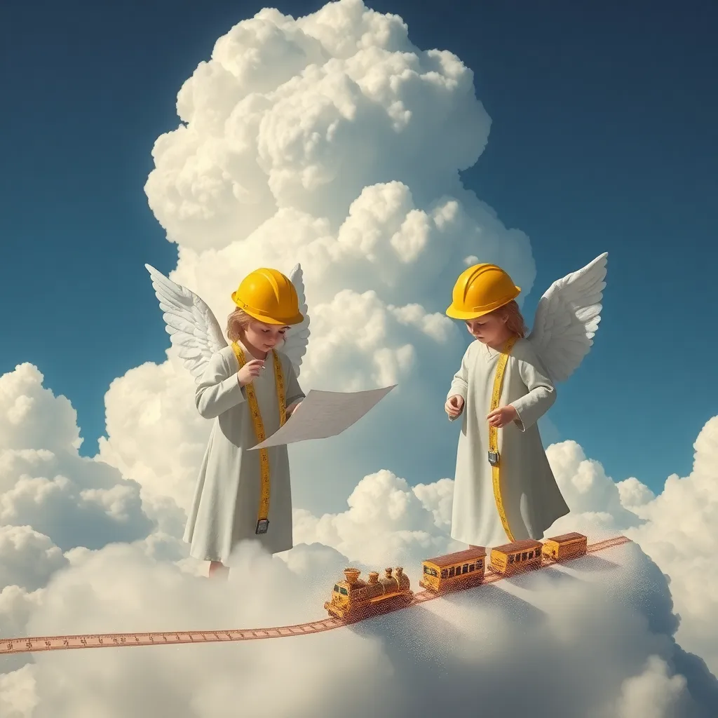 Angels in hard hats measuring cloud formations with tape measures while consulting blueprints labeled 'Project Vapor Trail,' tiny trains made of stardust hovering nearby