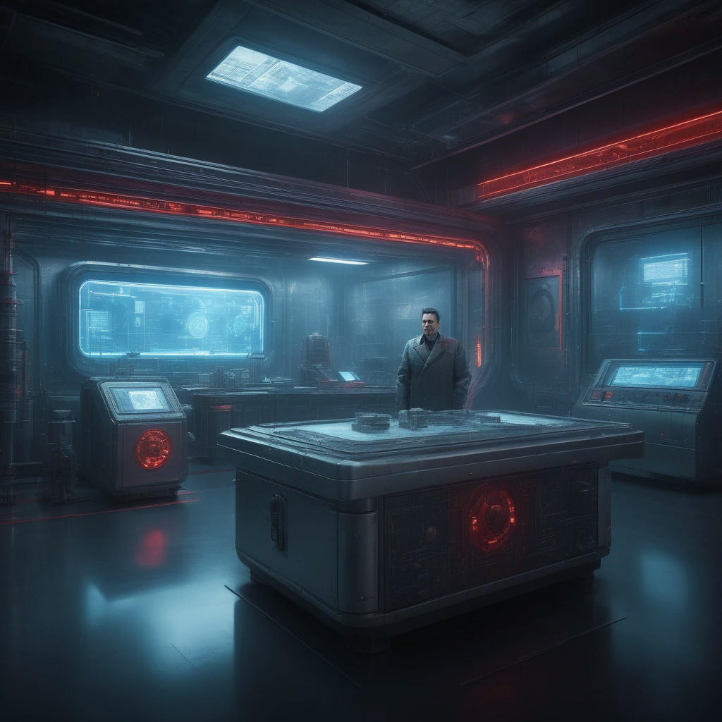 A futuristic laboratory with cryogenic chambers, advanced machinery, and screens displaying Stalin's face, with Putin in the background, observing the process, high-tech atmosphere, neon lights, 4k, cinematic, detailed, intricate, concept art by Ash Thorp