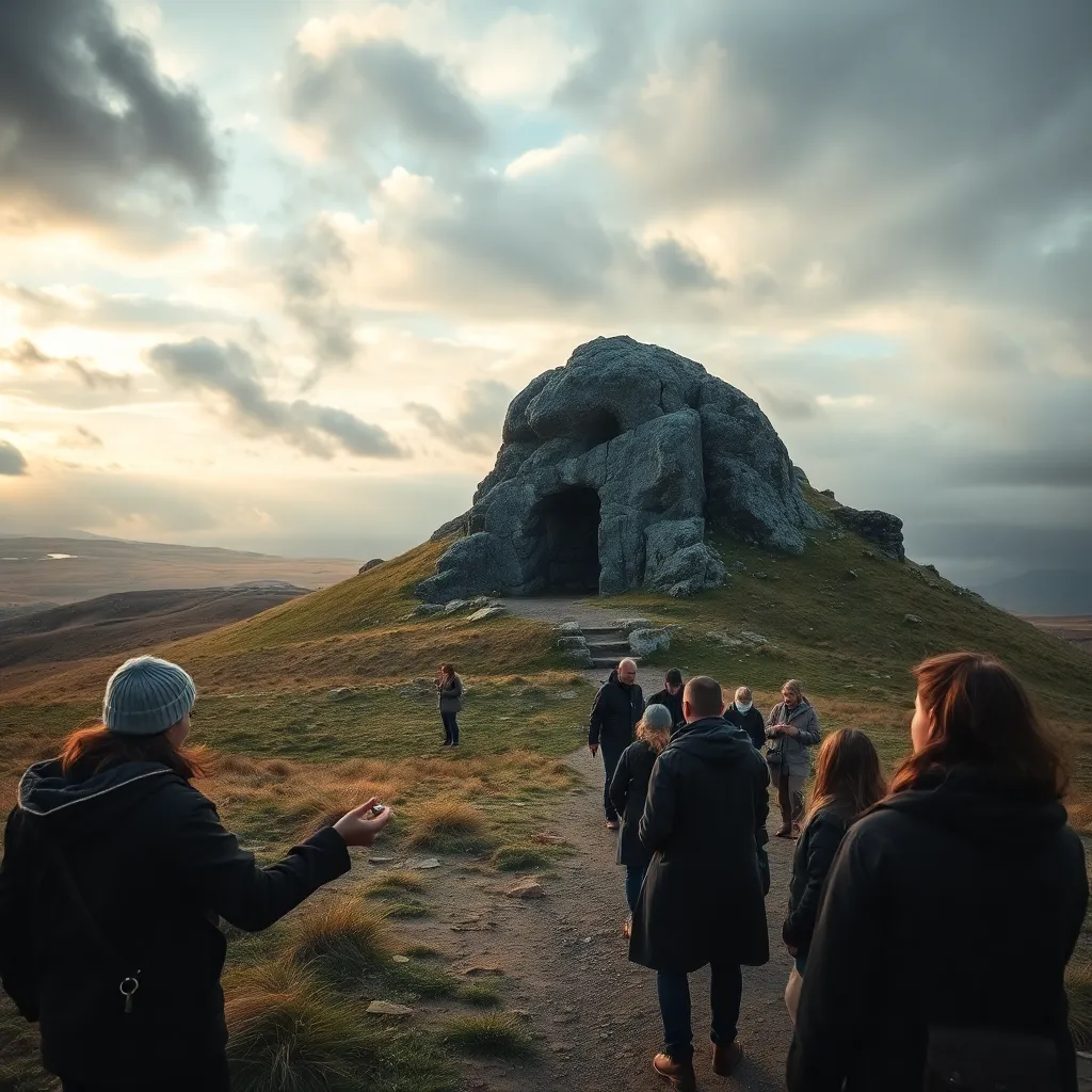 a windswept sacred hill with a giant natural lodestone shrine, pilgrims in modern clothing offering small metal objects like keys and coins, dramatic clouds, mystical atmosphere, subtle glowing field in the air, cinematic landscape