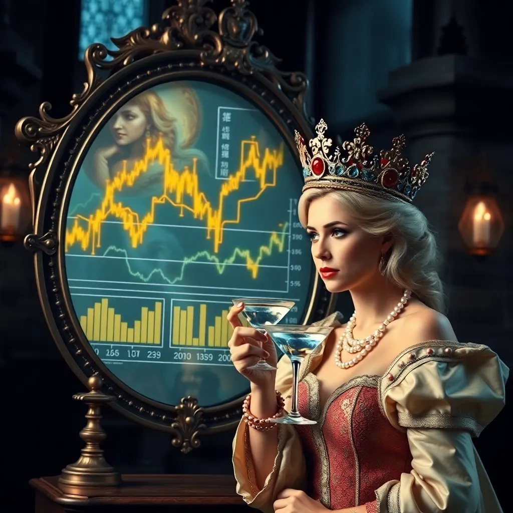 A high-tech medieval magic mirror displaying complex stock market graphs and golden charts, a queen with a crown looking stressed and drinking a martini, dark castle background