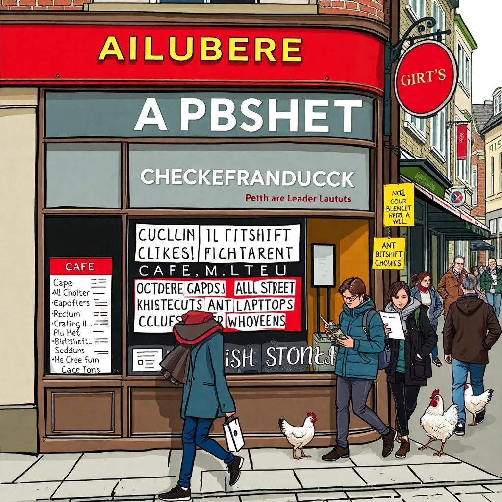 busy town high street reacting to alphabet reform and computer crisis, cafe menus in all caps, shop window selling absurd anti-bitshift blankets for laptops, pedestrians reading confusing signs, chickens in background, whimsical but realistic street scene