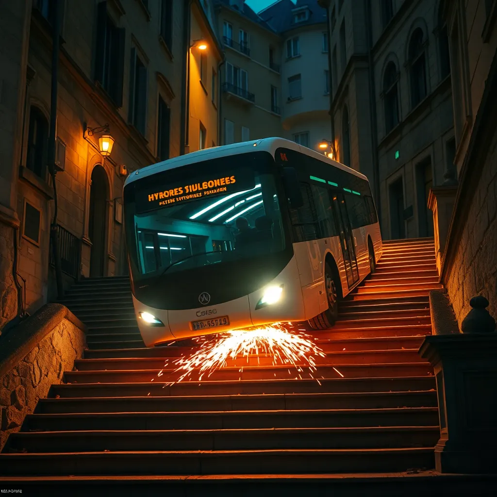 A futuristic hydrogen bus attempting to drive up a flight of stone stairs in an old French city, sparks flying from its undercarriage, surreal lighting, cinematic atmosphere.