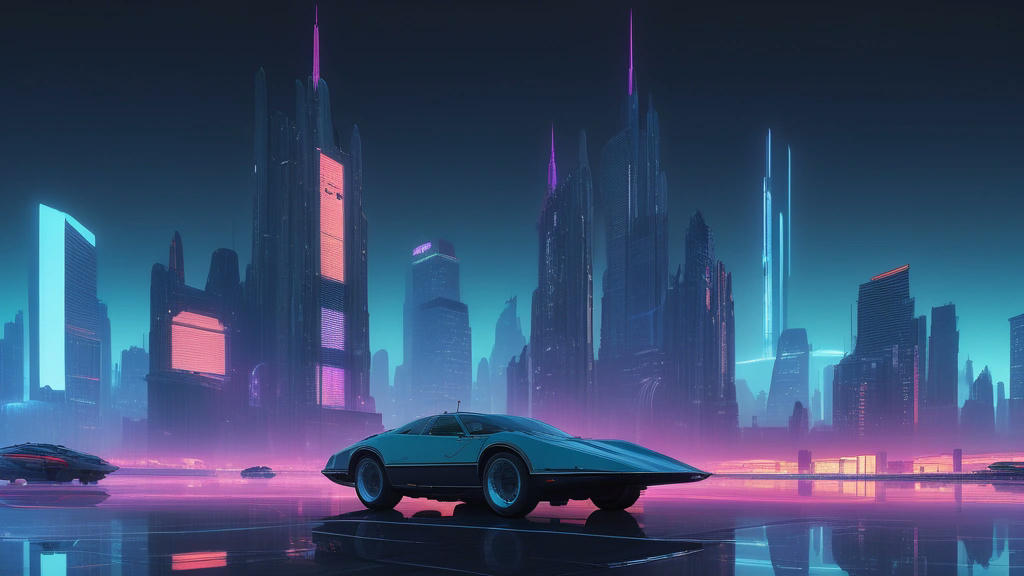 a futuristic cityscape with towering skyscrapers, flying cars, and neon lights, cyberpunk aesthetic, highly detailed, art by Syd Mead and Simon Stålenhag