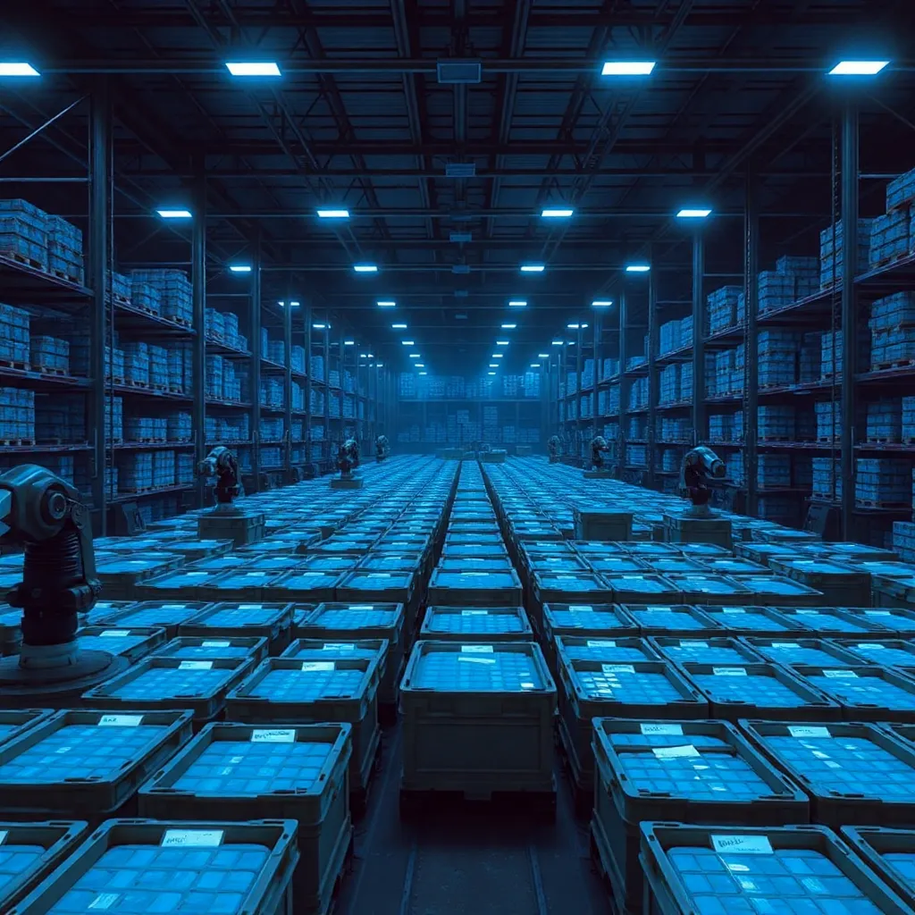 A massive warehouse filled with thousands of crates of Soylent Blue, the entire room bathed in an eerie blue light, robotic arms moving crates with precision