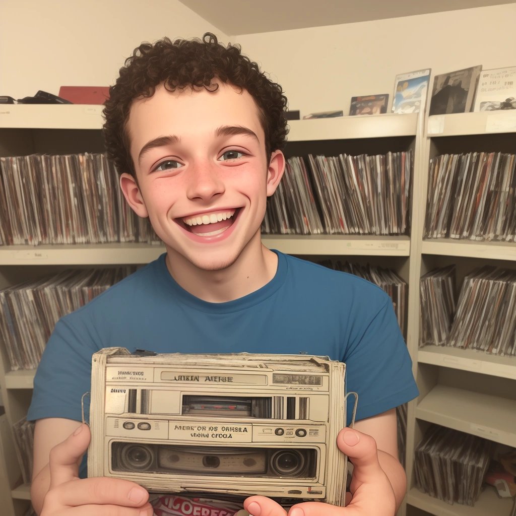 Excited boy holding a VHS tape