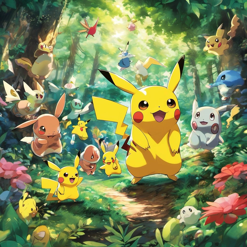 Pikachu and friends exploring the enchanted forest