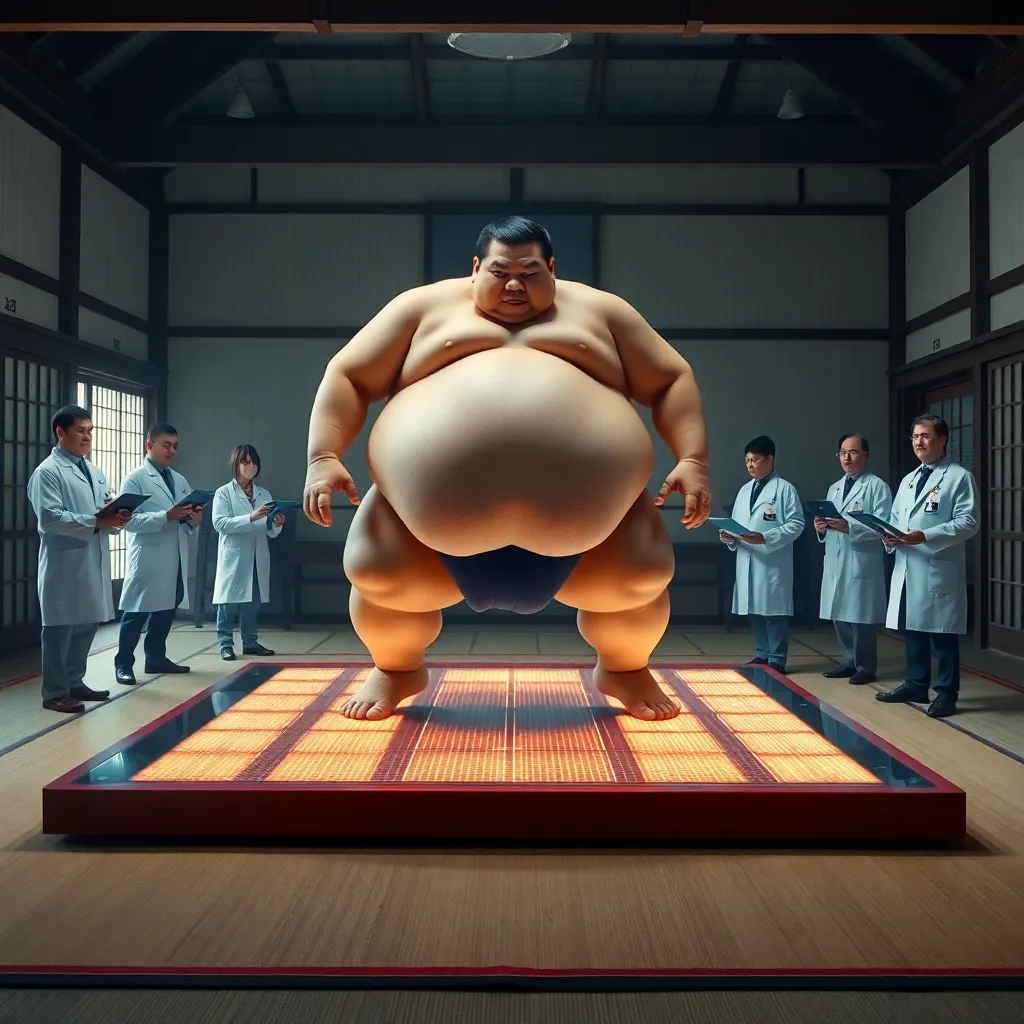 A massive sumo wrestler floating two inches off a high-tech electronic mat in a traditional dojo, surrounded by scientists in white lab coats holding clipboards and glowing blue sensors.