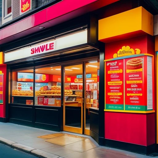 Fast food chain restaurant with Grimace Shake banner