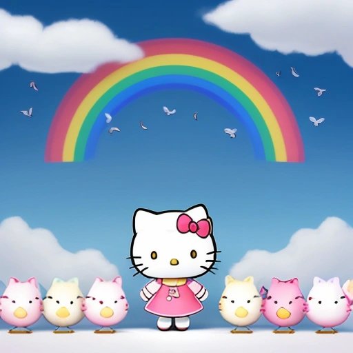 Hello Kitty with birds and rainbow