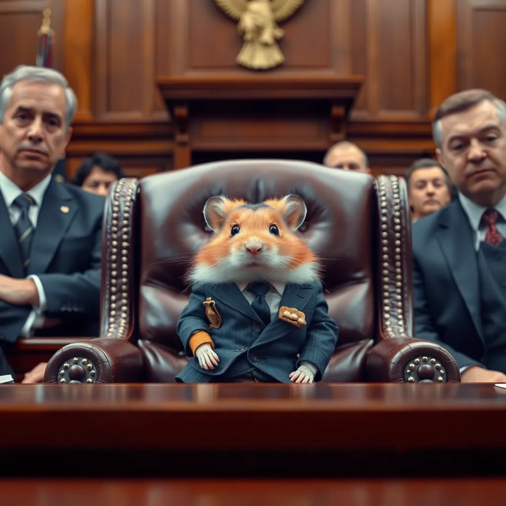 A wide shot of a town hall meeting where a hamster in a tiny suit is sitting in a large leather chair, surrounded by serious human city council members in suits.
