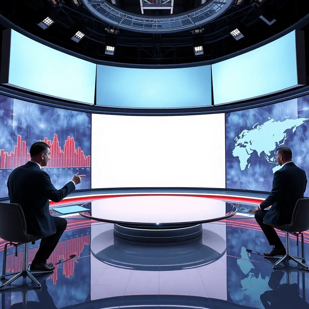 grandiose television news studio broadcasting a breaking report about absolutely nothing, giant screens showing blank graphs and empty maps, anchors in severe suits pointing at meaningless zero data, hyperrealistic, theatrical newsroom tension