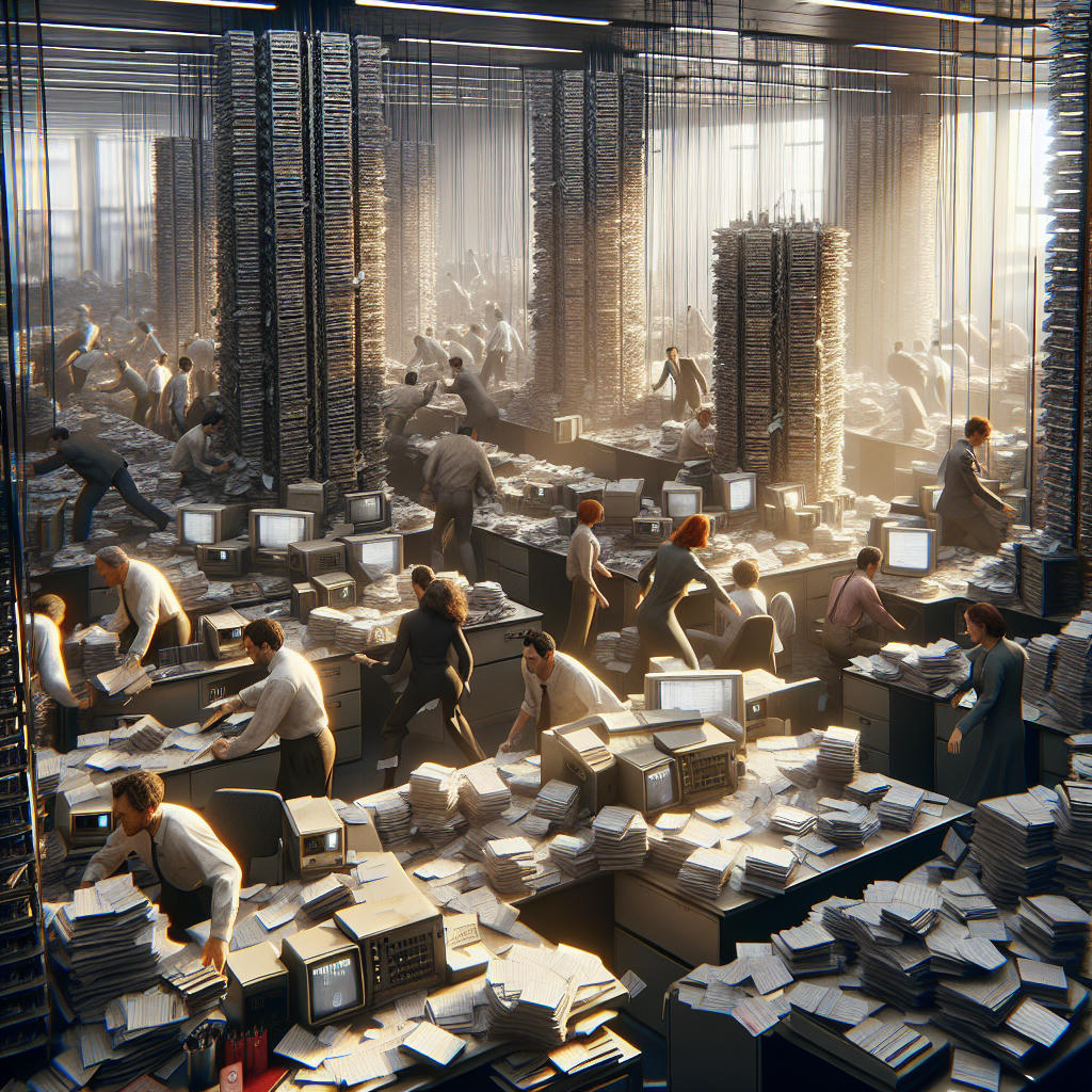 a cluttered office with stacks of punchcards, a team of people frantically searching for a missing card, high detail, photorealistic, dramatic lighting