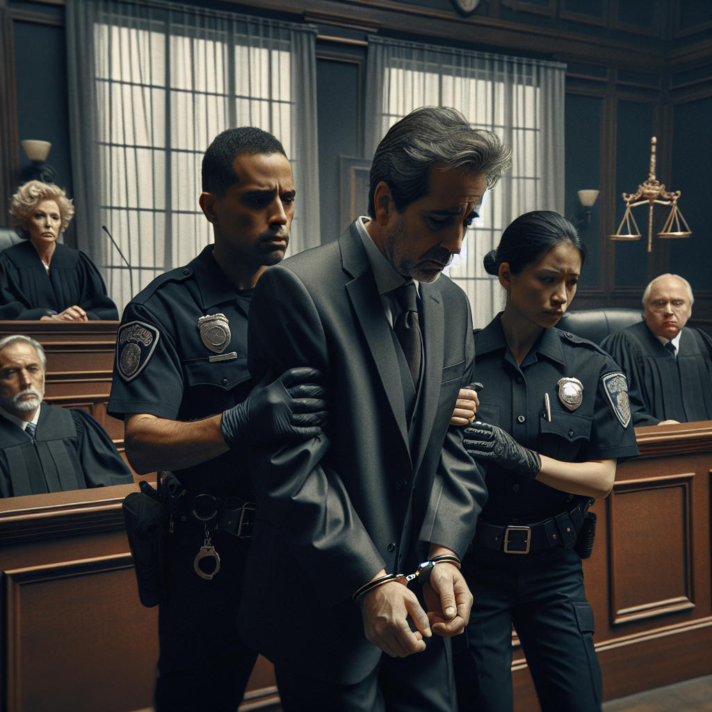 a dramatic courtroom scene with a somber atmosphere, showing a middle-aged man in handcuffs being led by police officers, with a judge and jury in the background, high quality, highly detailed, realistic lighting