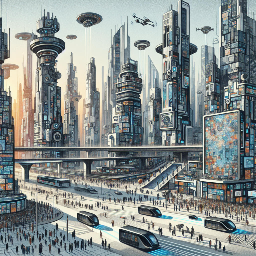 Modern cityscape with technology and social unrest