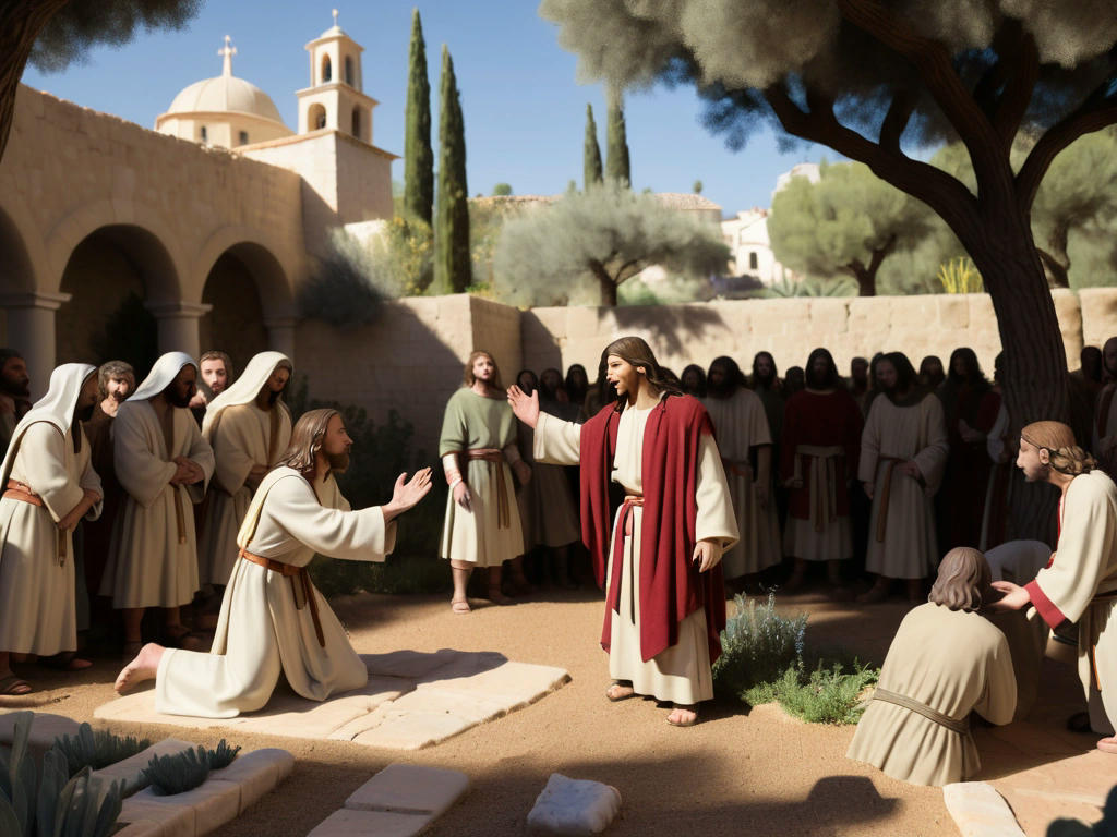 Jesus healing the servant's ear in the Garden of Gethsemane, with his disciples and Roman soldiers in the background