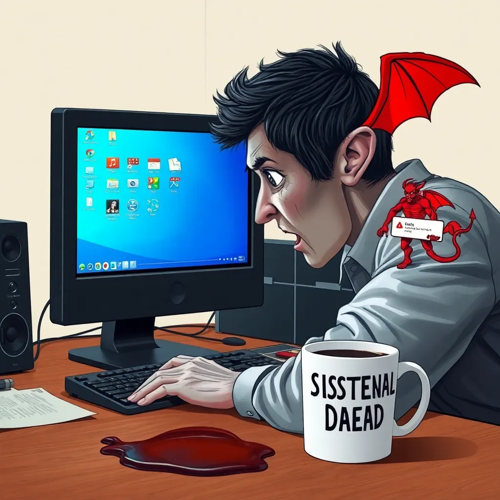 A terrified human staring at a computer screen showing dancing desktop icons, while a tiny devil made of error messages whispers into their ear, spilled coffee cup labeled 'Existential Dread' on desk