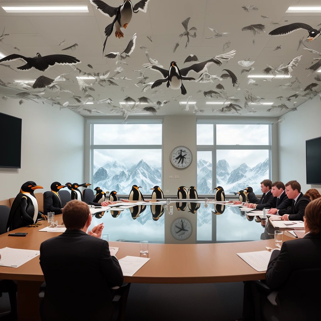 Penguins holding a meeting in the Squawking Room