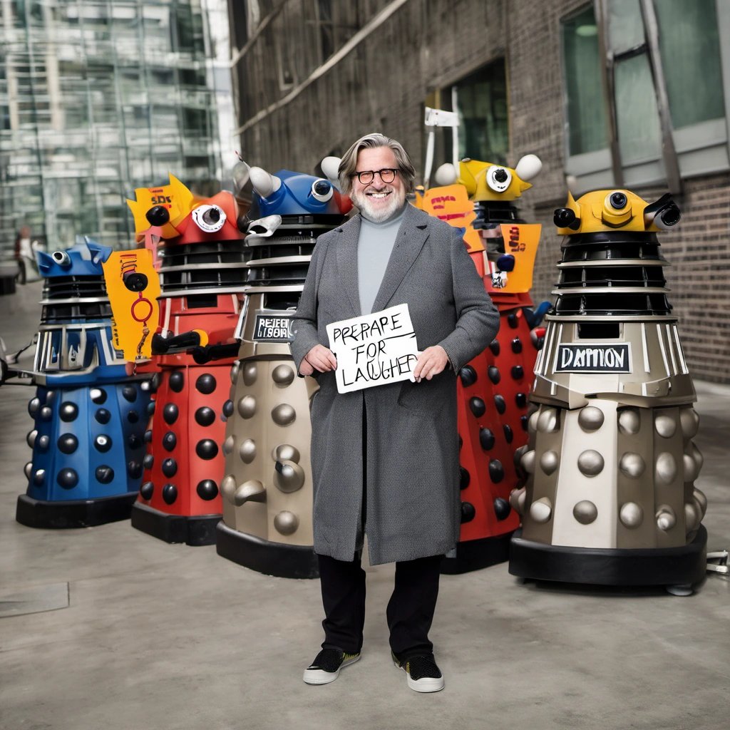 Matt Groening with Daleks on the set of his new show