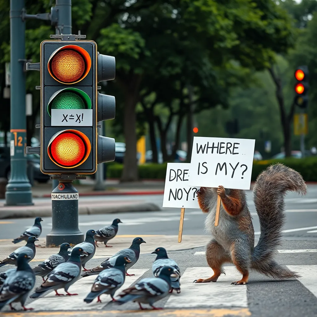 a traffic light displaying all three colors simultaneously with a sign reading 'x + x*y = x malfunction', pigeons rioting on the crosswalk while a confused squirrel holds a 'WHERE IS MY Y?' protest sign