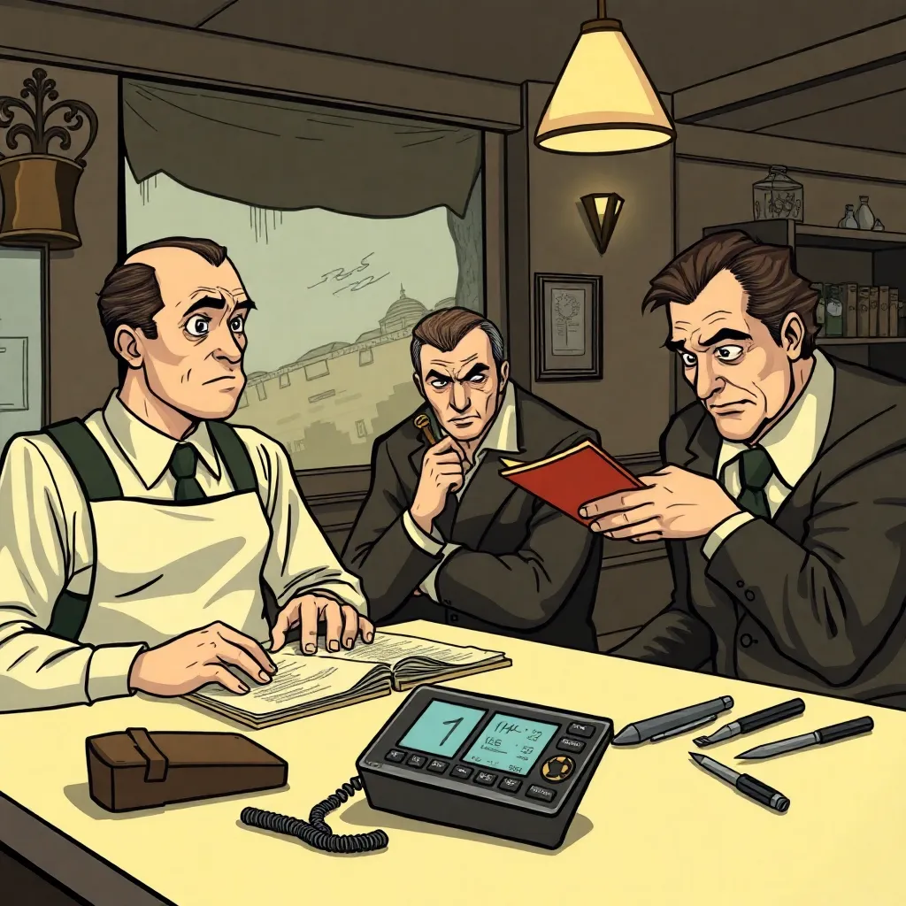 a confused waiter in a German restaurant, two suspicious characters looking at a menu, a phone with a secret number on the table