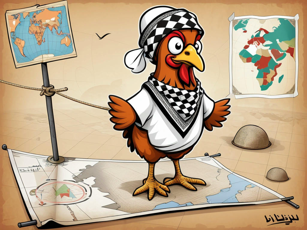 A cartoon image of a chicken wearing a keffiyeh and a yarmulke, standing on a tightrope over a map of the Middle East. High-quality, detailed, and humorous