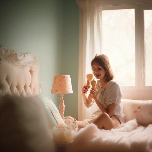 Person enjoying ice cream in a bedroom