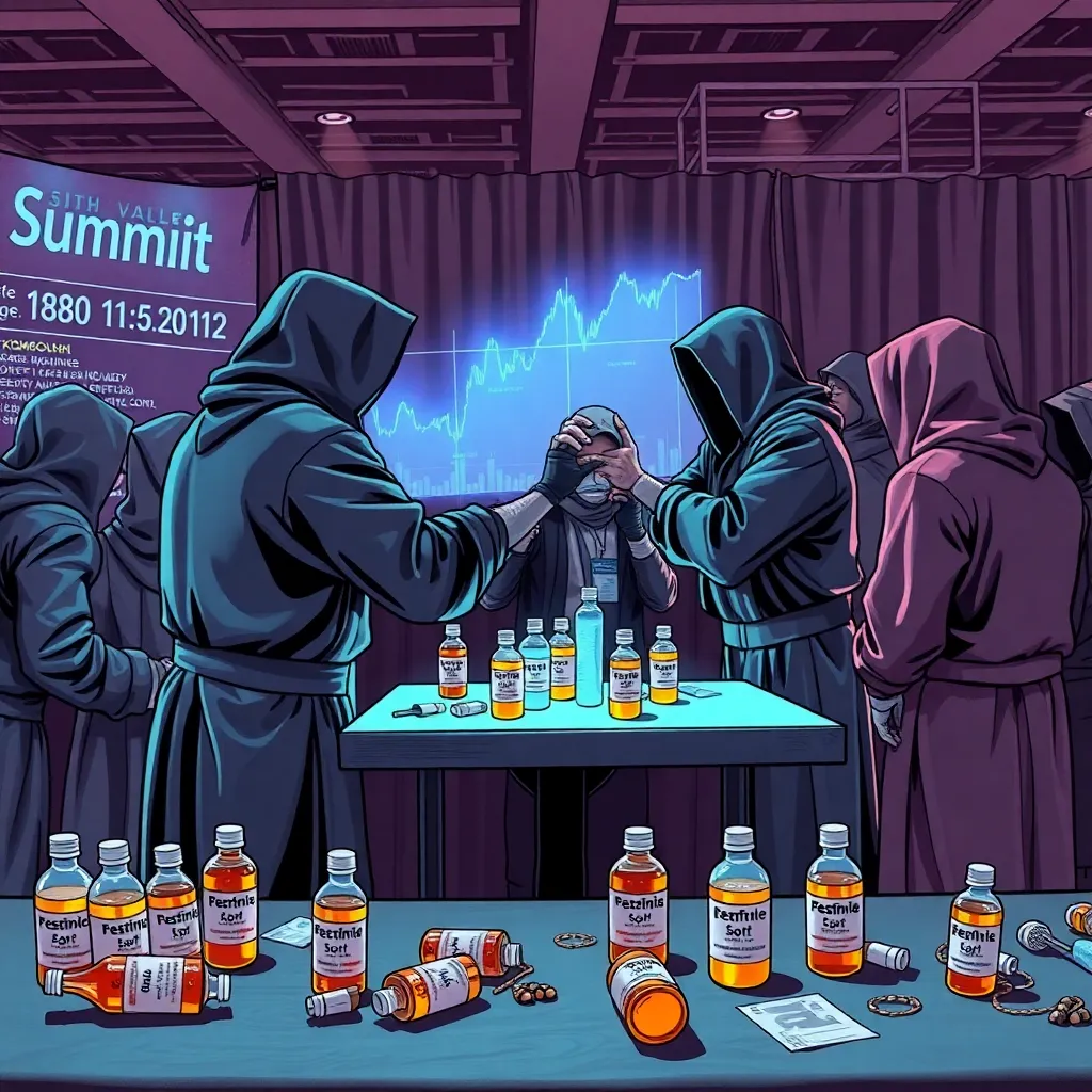 A chaotic tech conference booth labeled 'Sith Valley Summit' where hooded figures in business robes argue over holographic stock charts, one figure force-choking another near a table overflowing with 'Death Defiance Energy Shots' and discarded kombucha bottles