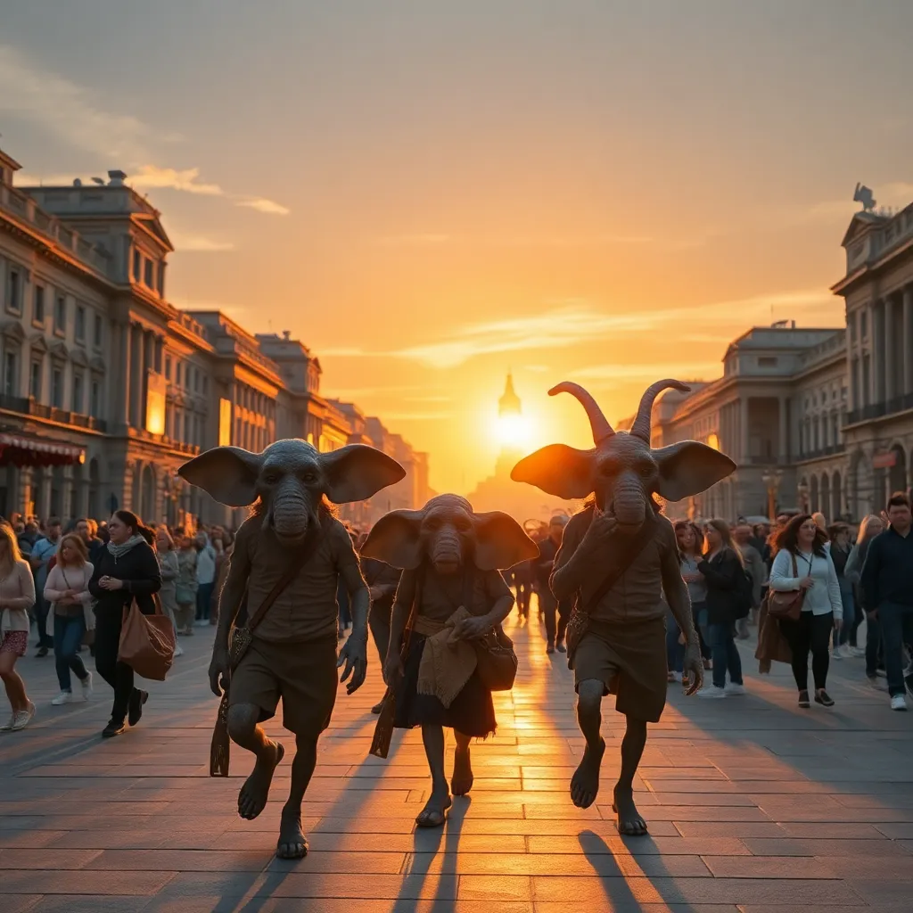 majestic city square at sunset filled with eternally youthful centuries-old people walking confidently with colossal elegantly coiled ears, cinematic golden light, proud expressions, bustling modern crowd admiring them, epic editorial photojournalism style